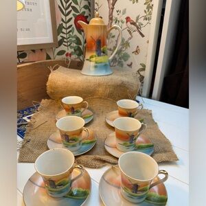 Vintage Japanese porcelain tea Chikaramachi windmill sunset landscape 13pc